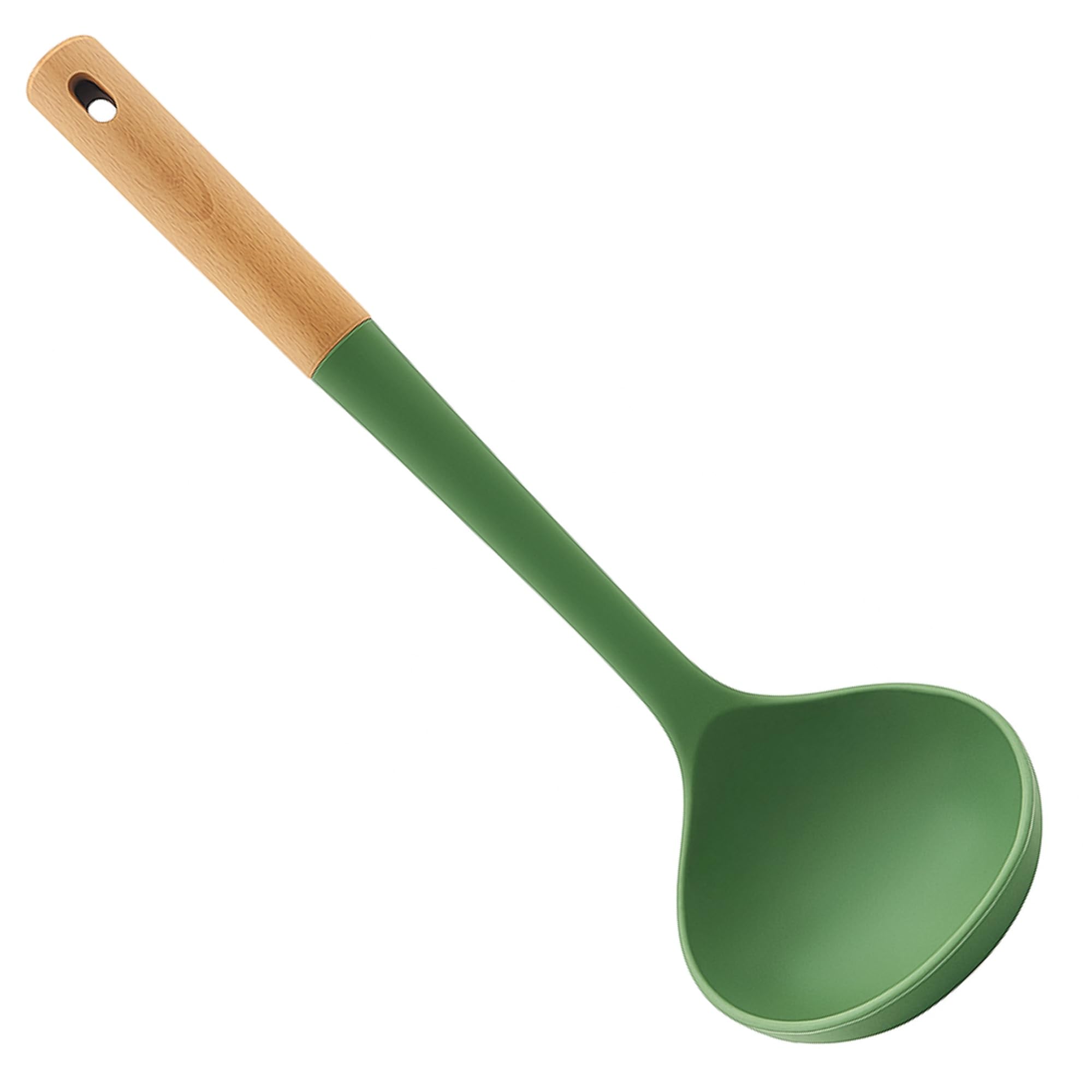 Beille 1pc Ladle Beech Wood and Silicone Kitchen Utensils Meal Prep Cooking Baking Supplies Home Essentials, Olive Green