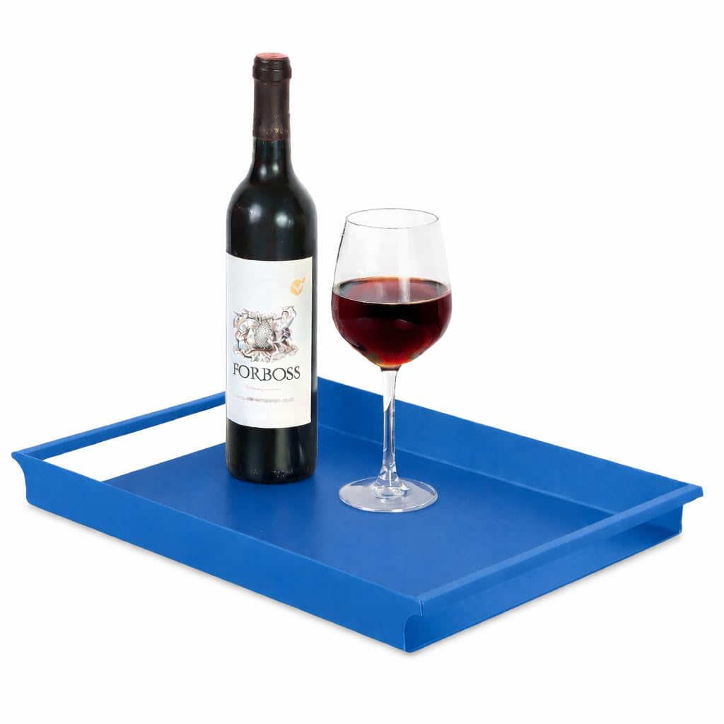 Ogfc 57556 Decorative Serving Tray, Modern Metal Rectangle Coffee Table Tray With Sleek Rounded Cutout Side Handles  Blue