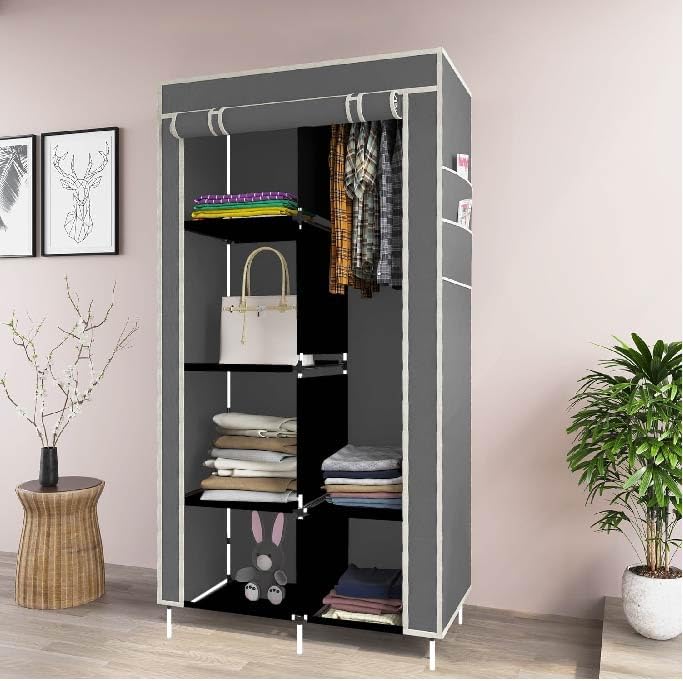 Maison & Cuisine Grey Collapsible Plastic Wardrobe Clothes Almira, 1 Hanging Space, 6 Shelves, 1 Side Pocket (NonWoven Fabric, 