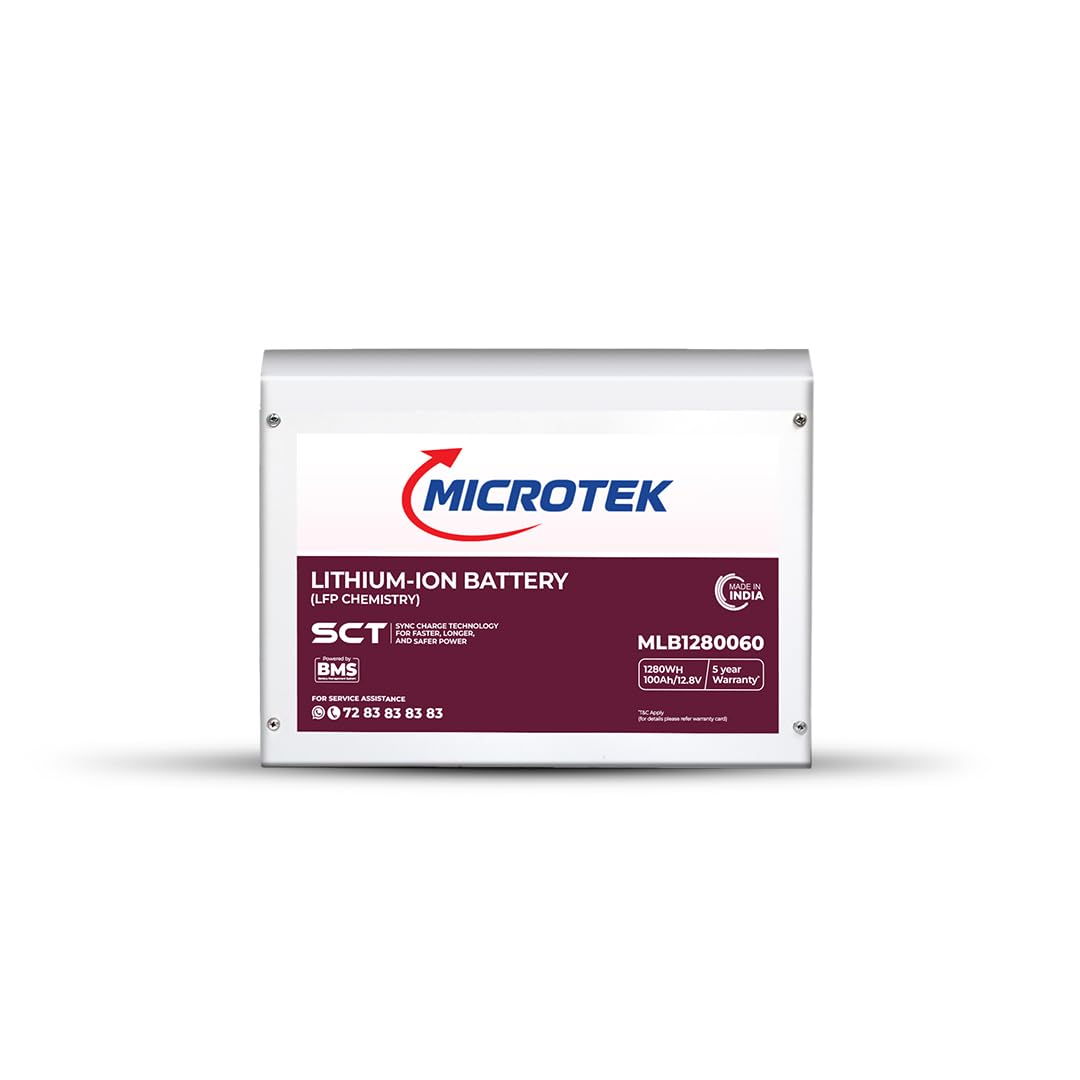Microtek Lithium-Ion Battery Mlb1280060 (12.8V/100Ah, 1280Wh) - Lifepo4 With Sct Synccharge Technology, Bms Protection, Back Up 