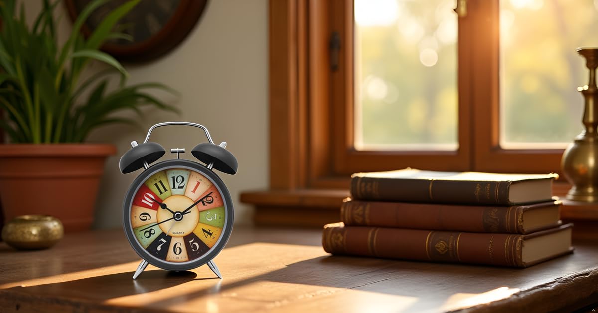 Aerys Retro Twin Bell Alarm Clock, Metal Frame, Night Backlight, Silent Movement, Luminous Table Clock For Students, Bedroom, Of