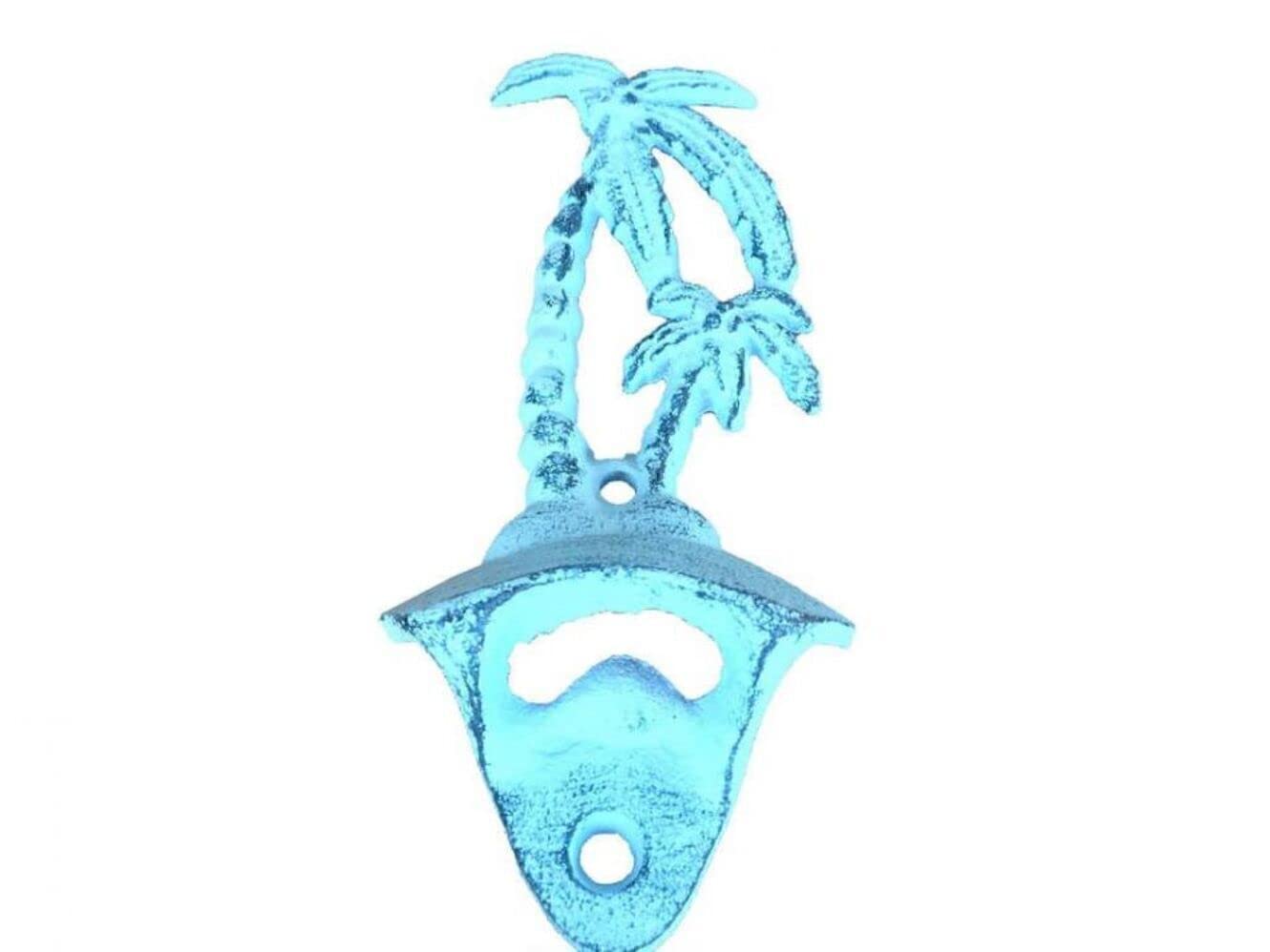 Handcrafted Nautical Decor Rustic Dark Blue Whitewashed Cast Iron Wall Mounted Palmtree Bottle Opener 6'' -