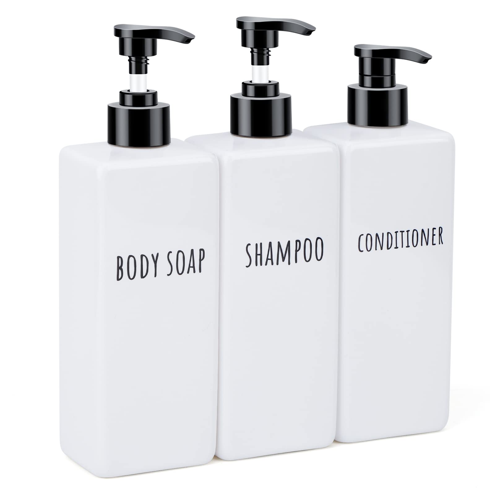Segbeauty Plastic Soap Dispenser, 3Pcs 16.9Oz Refillable Shampoo Bottles White, 500Ml Empty Square Pump Press Bottle Shower Disp