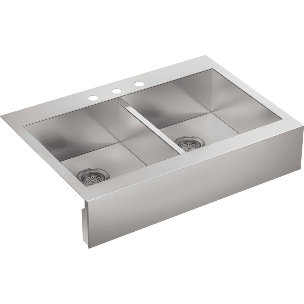Kohler Vault Double Bowl 18-Gauge Stainless Steel Farmhouse Apron Front Three Faucet Hole Kitchen Sink, Top-mount Drop-in Instal