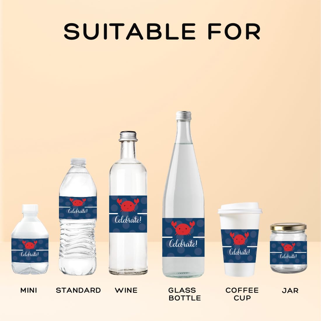 Andaz Press Birthday Water Bottle Labels Stickers, Nautical Crab, 20-Pack, For Decor Decorations Dessert Table Wraps
