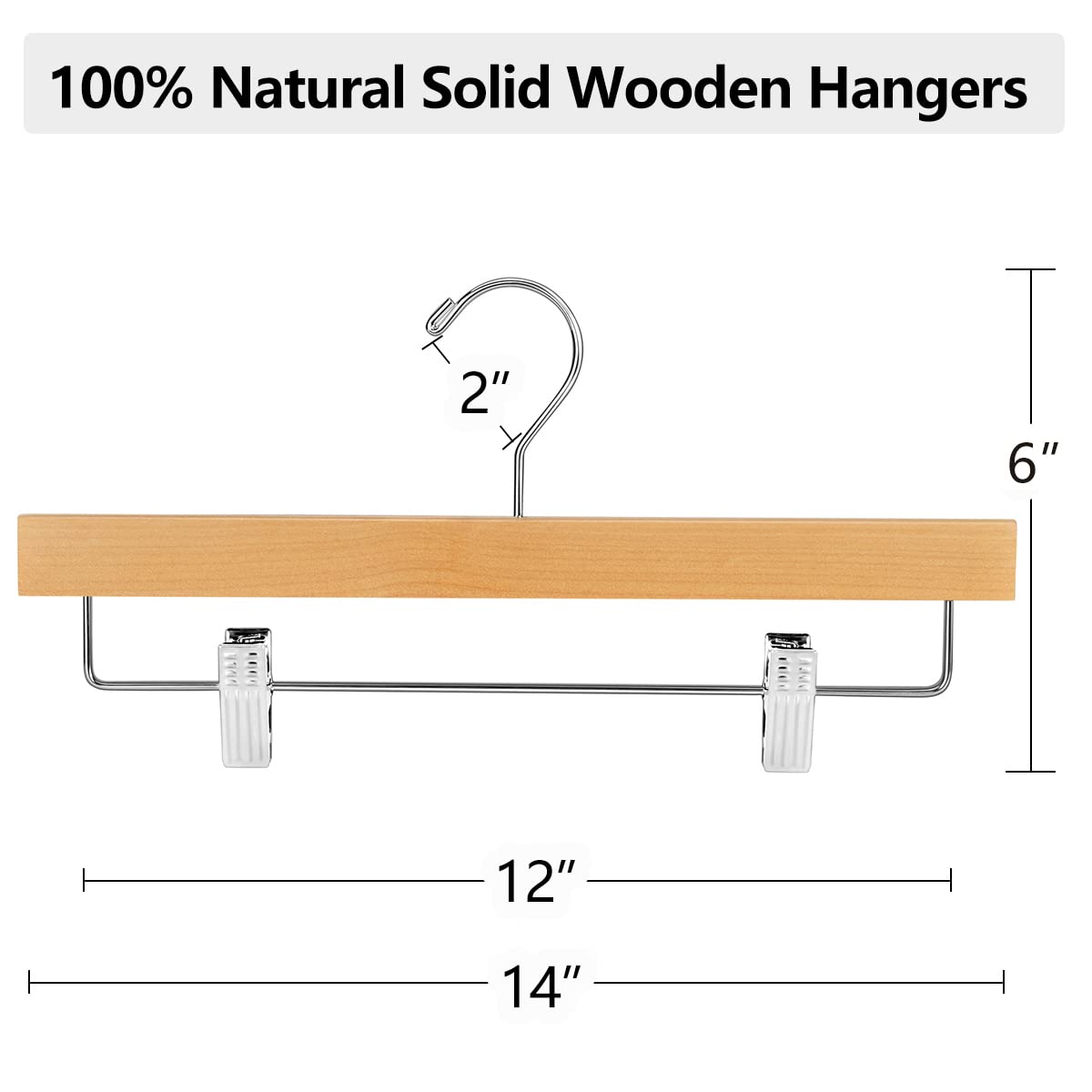 AMKUFO 20pcs Wooden Pants Hangers Solid Pants Hangers with Adjustable Clips 14 Inch Natural Wood Skirt Hangers Trousers Bottom Hangers with Non-Slip Clips and 360? Swivel Hook
