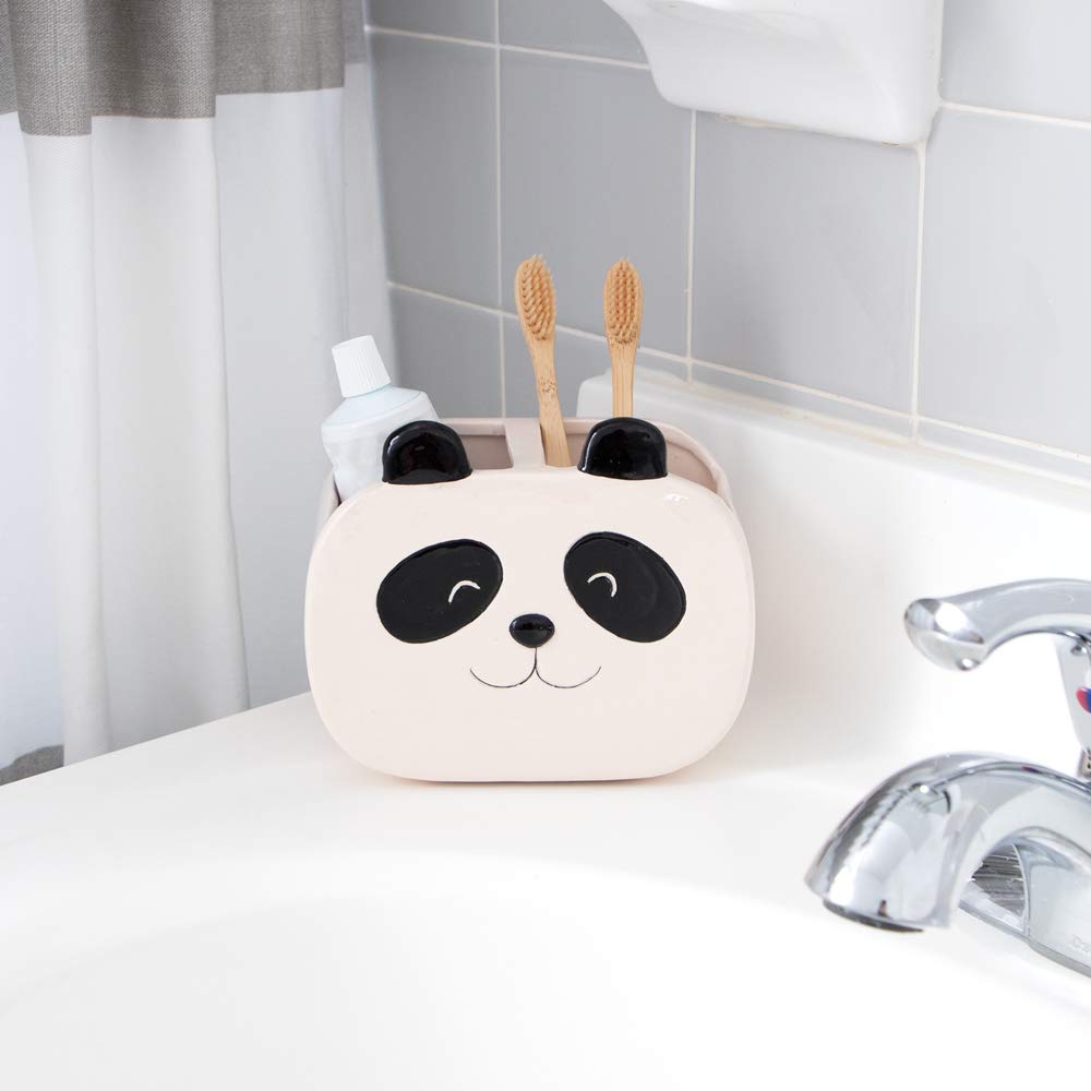 Isaac Jacobs Black And White Ceramic Panda Makeup Brush Holder, Multi-Purpose 2-Section Organizer. Bathroom, Kitchen, Bedroom, O
