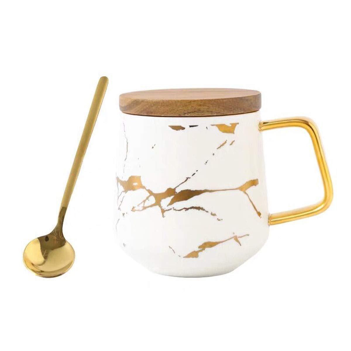 Eplze YBK Tech Porcelain Tea Cup Coffee Mug Set for Afternoon Tea - Marble Pattern (White, Tall 400ml + wood lid)