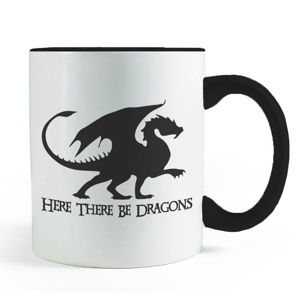 Neurotic Sphynx Here There Be Dragons - Black Handled Coffee And Tea Mug