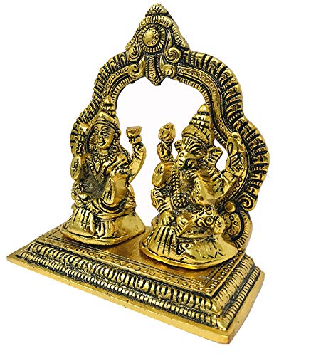 Evisha Golden Brass Lord Lakshmi/Ganesha Laxmi/Ganesh With Back Frame Statue Antique Finish Idols Murti Pooja Temple