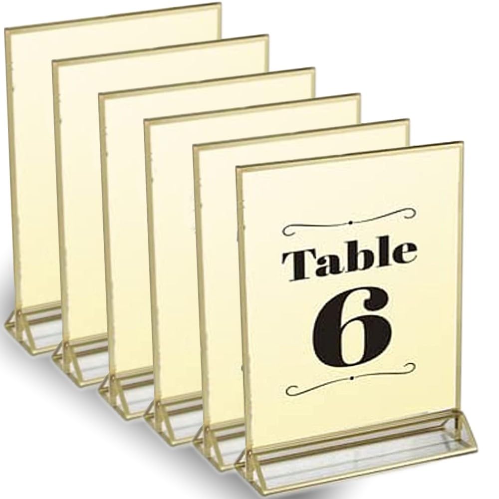 Super Star Quality Clear Acrylic 2 Sided Frames with Gold Borders and Vertical Stand (Pack of 6) | Ideal for Wedding Table Numbe