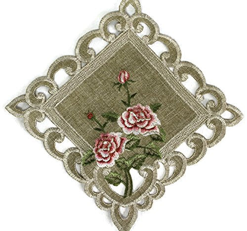 Doily Boutique Square Doily Or Placemat With A Pink Rose And Sage Green Burlap Linen Material, Size 11 Inches