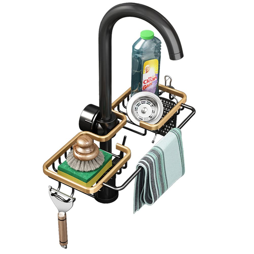WINGSIGHT Faucet Sponge Holder Kitchen Sink Caddy Organizer Over Faucet Hanging Faucet Drain Rack for Sink Organizer (Double with Dishcloth Rack  Golden)