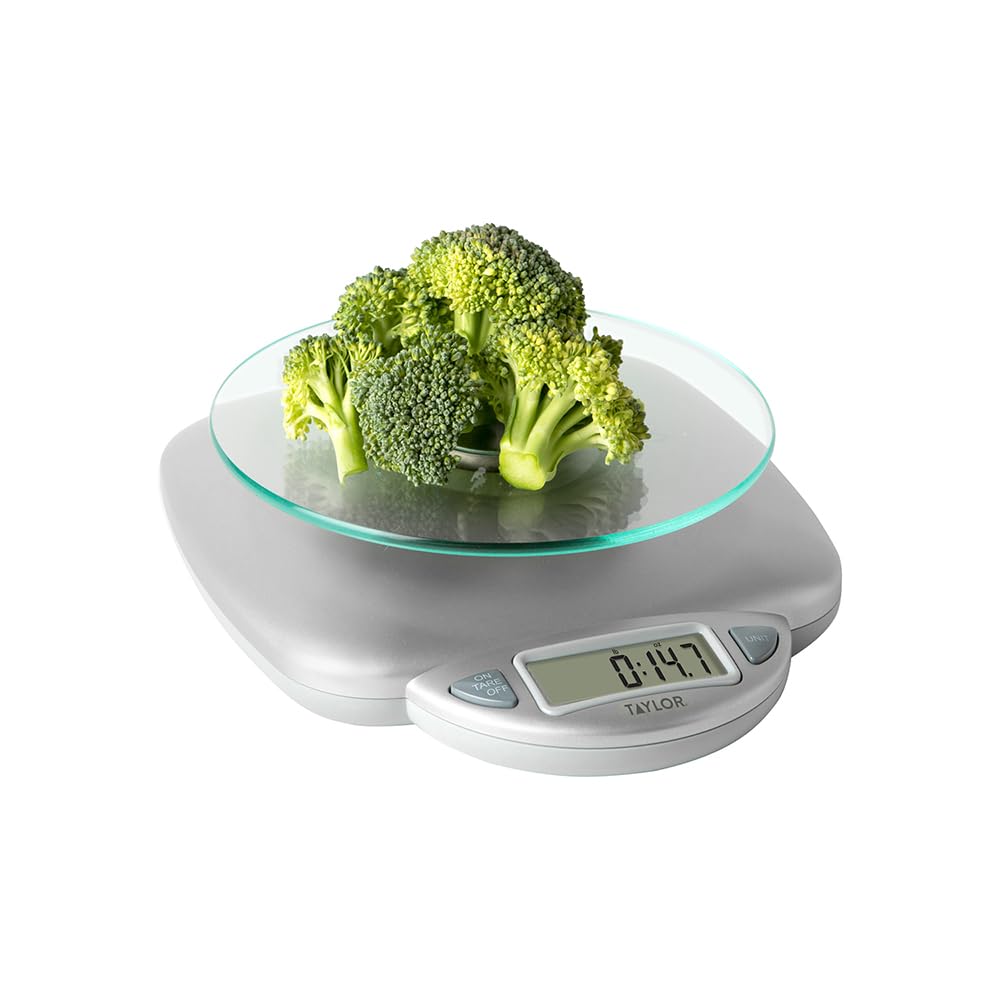 Taylor 11Lb Capacity Digital Glass Top Kitchen Scale With Lcd Display, Weight In Grams And Ounces For Baking, Cooking, And Meal