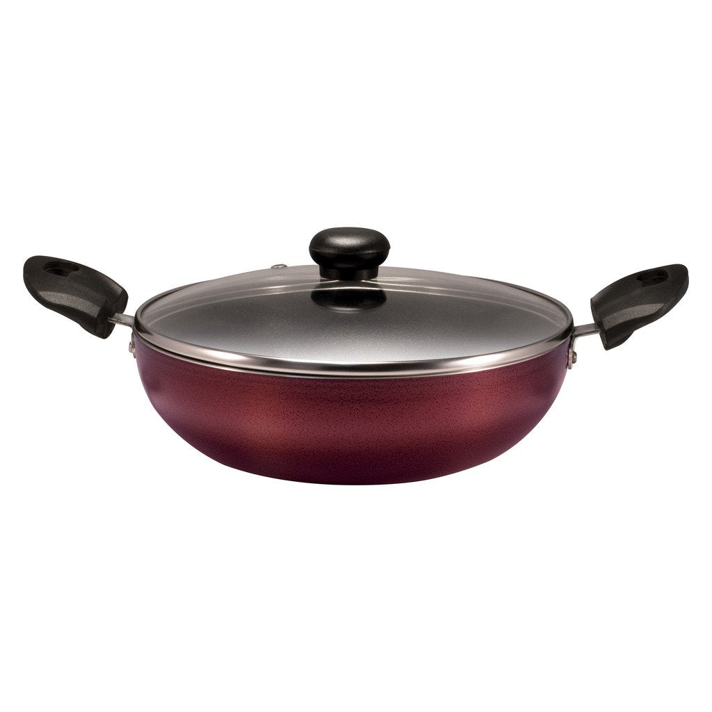 Aristo Induction Base NonStick Kadai With Glass Lid, 3Mm, 2.2 Litres, Diameter: 23 Cm, Aluminium, Maroon