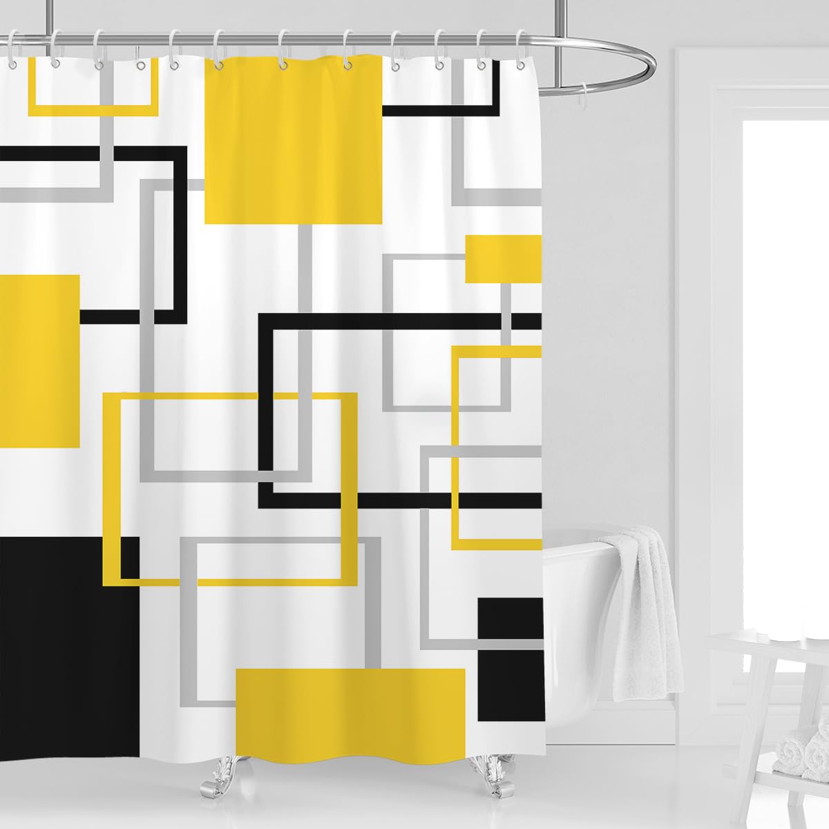 Kikiry Yellow And Black Shower Curtain 60''W X 72''L White Grey Gray Abstract Geometric Cross Modern Checkered Geometry Minimali