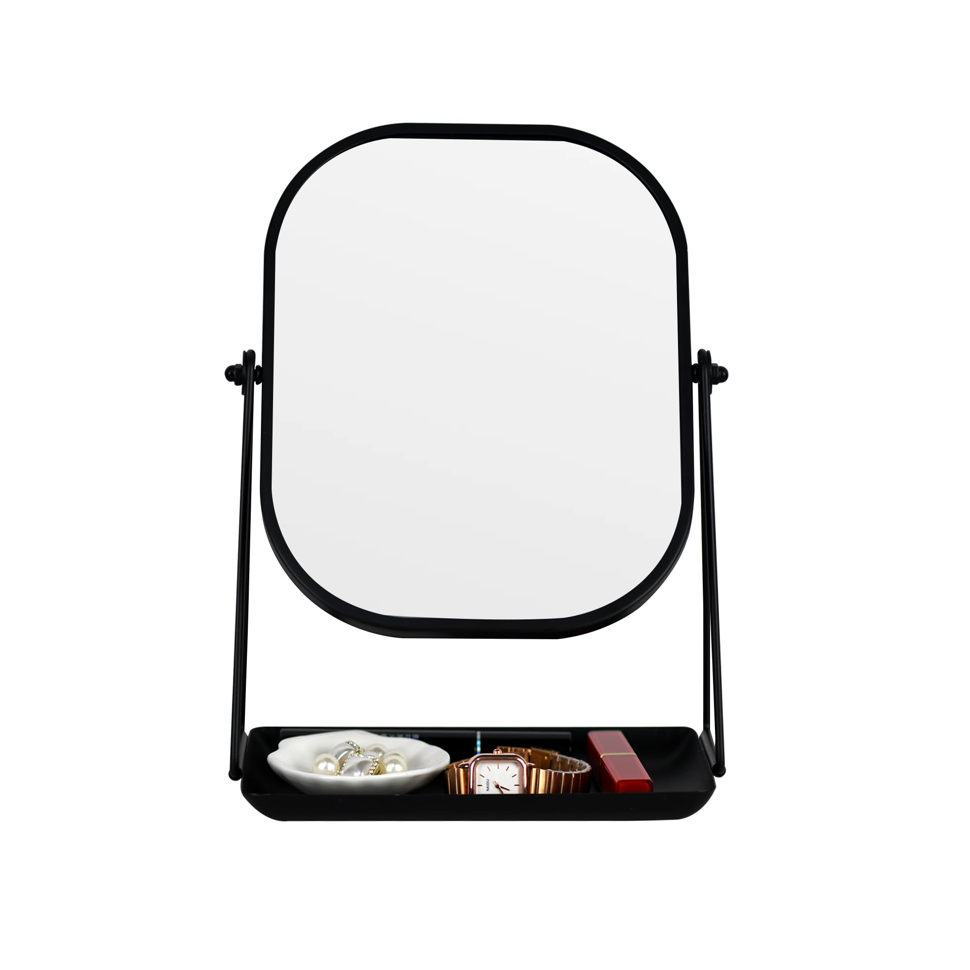 Tstarer 360 Degrees Rotating Metal Makeup Mirror with Storage, Vanity Mirror for Desk, Bathroom, Bedroom, Dressing Table (Black)