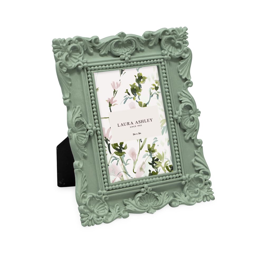Laura Ashley 2x3 Matt Rosemary Ornate Textured Hand-Crafted Resin Picture Frame with Easel, for Tabletop & Wall Display, Decorat