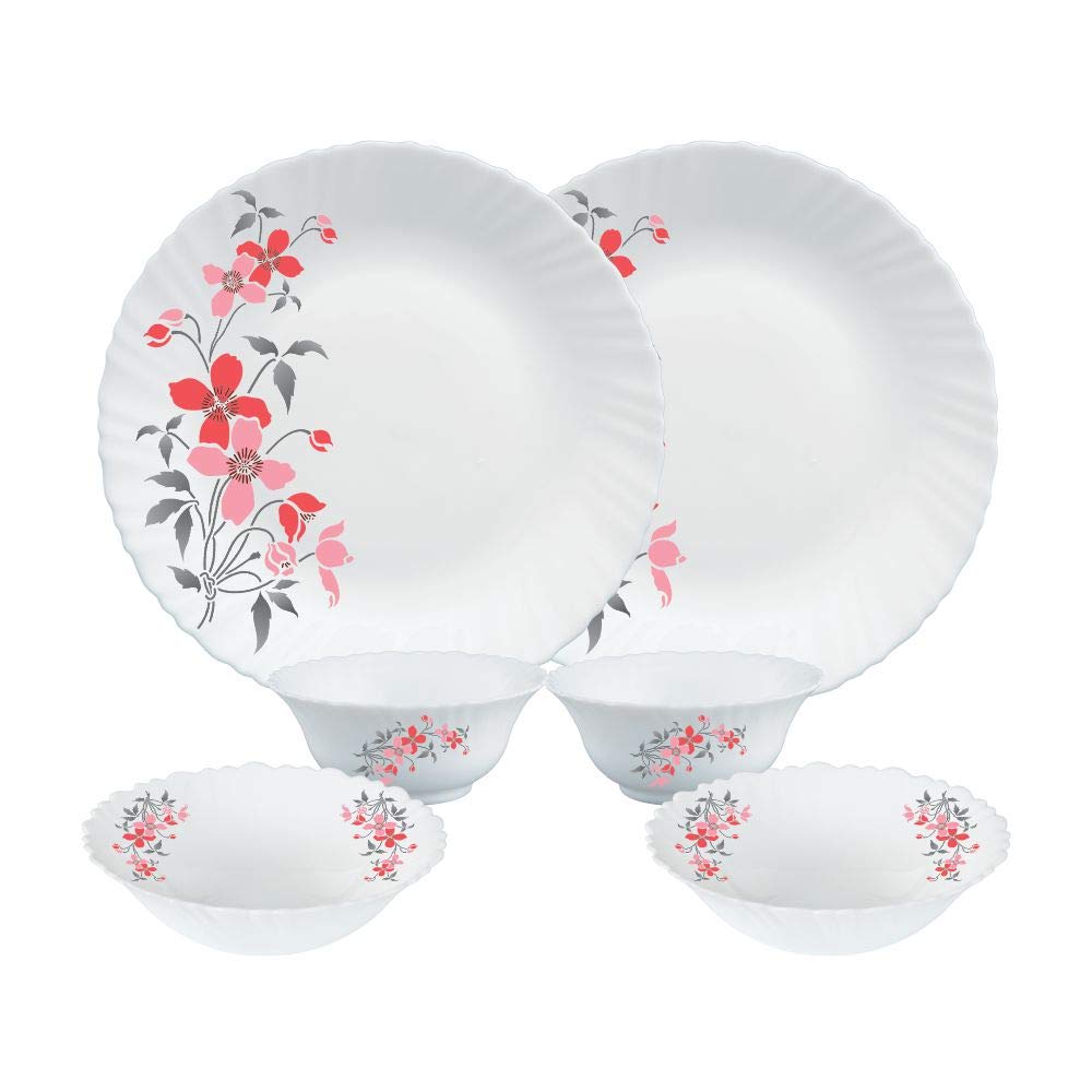 Larah By Borosil Fluted Series Fiore Opalware Dinner Set | 6 Piece For Family Of 2 | Microwave & Dishwasher Safe | BoneAsh Free