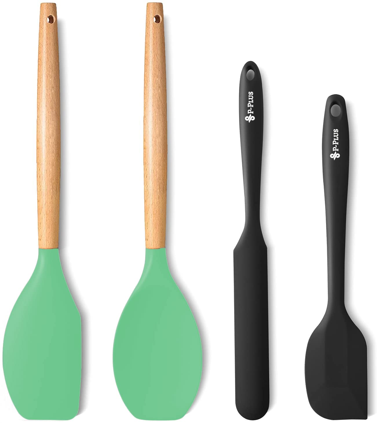 P Plus Fire Spatulas Silicone Heat Resistant Set Of 4,1 Year Warranty Nonstick Rubber Spatula Set With Wooden Grip, 480F Heat Re