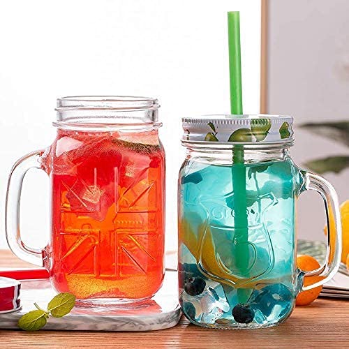Mirim Glass Mason Jar With Straw, 430 Ml Set Of 2, Mock Tail Jar/Smoothie Jar/Juice Jar (Random Color)