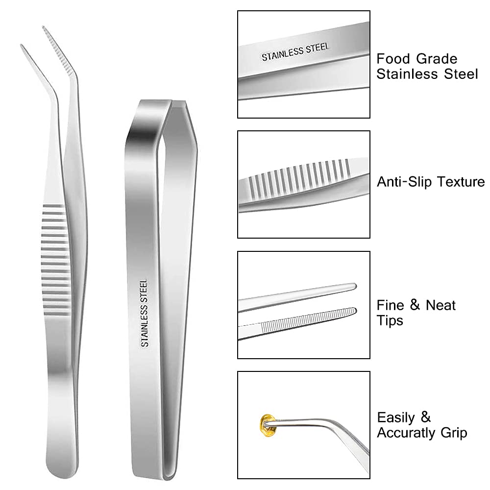 SelfTek Stainless Steel Fish Bone Tweezers Set, 5-Pack, Precision Tongs with Serrated Tips for Cooking and Styling Sea Food, Silver
