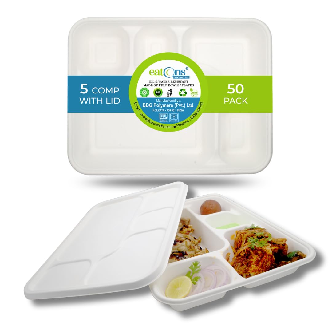 Eatons 5 Compartment Bagasse Meal Tray With Lid (50 Pack) | 11.4 EcoFriendly Disposable Plates | Heavy Duty, LeakProof, Compos