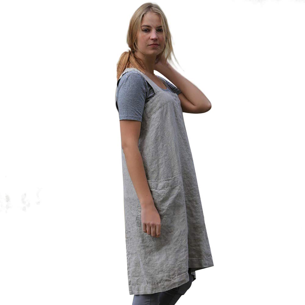 Womens Pinafore Square Apron Baking Cooking Gardening Works Cross Back Cotton/Linen Blend Dress With 2 Pockets Gray