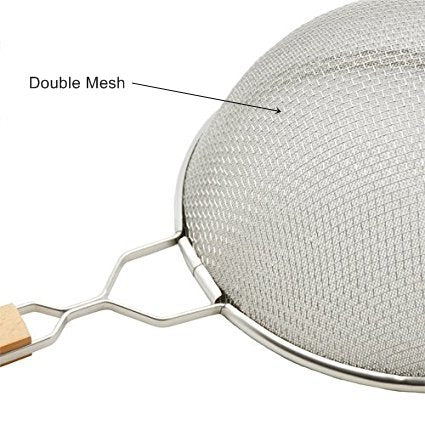 Krome 10.75 Inch Stainless Steel Fine Double Mesh Strainer, Stainless Steel Strainers With Comfortable Wooden Handle Grip For Ho