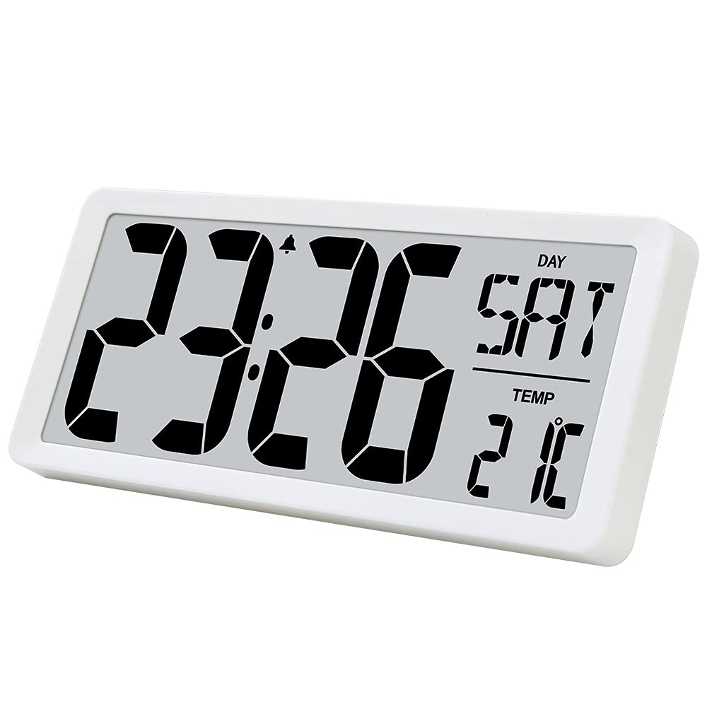 TXL 14.2 Large Digital Day Wall Clock, Custom 8 Languages Calendar, Count up-Down Timer and Temp Reminder, 12/24Hr Desktop Alarm