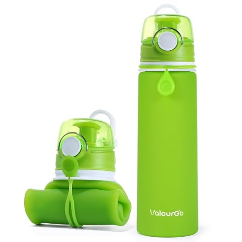 Valourgo Collapsible Water Bottle  Silicone Foldable with Leak Proof Valve BPA Free - green 21 oz