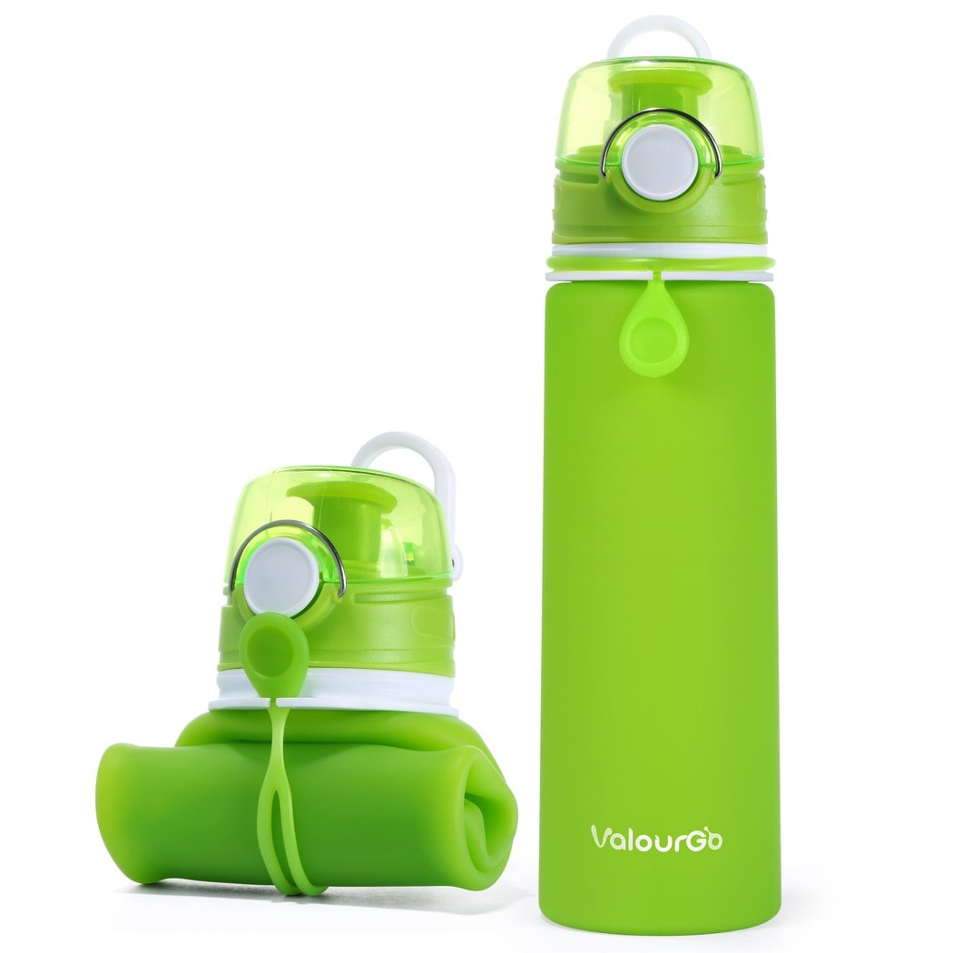 Valourgo Collapsible Water Bottle, Silicone Foldable With Leak Proof Valve Bpa Free - Green 21 Oz