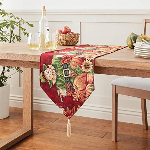 Violet Linen Fall Harvest Collection - Tapestry Scarecrow Pumpkins Autumn Leaves And Sunflowers Design - 13'' X 70'' Table Runne