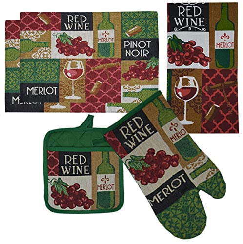 Ginsonware 5 Pieces 100% Cotton Kitchen Linen Set. (Oven Mitt, Kitchen Towel,Pot Holder And 2 Placemats) (Winery)
