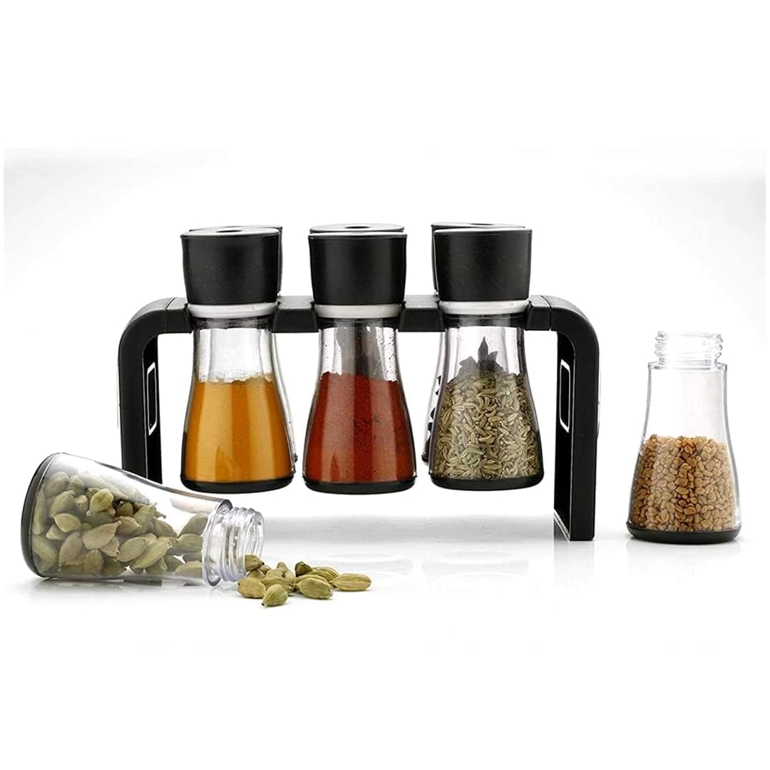 Pahaluxe Round Shape Spice Rack  6 Pcs Transparent Jar Container With Stand, Multipurpose Revolve 360 Degree Which Holds Bottle