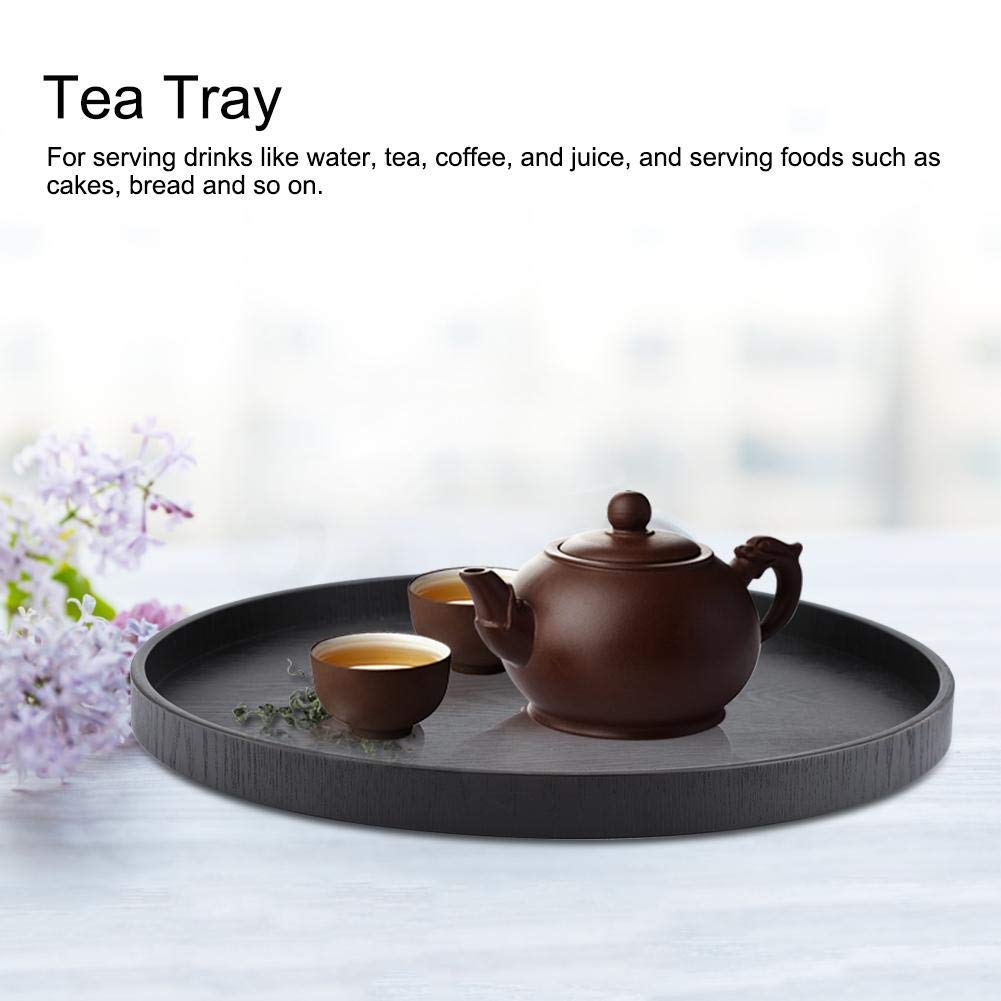Round Shape Solid Wood Food Meals Serving Tray Tea Coffee Snack Plate Home Kitchen Restaurant Trays 37.5Cm(Black)