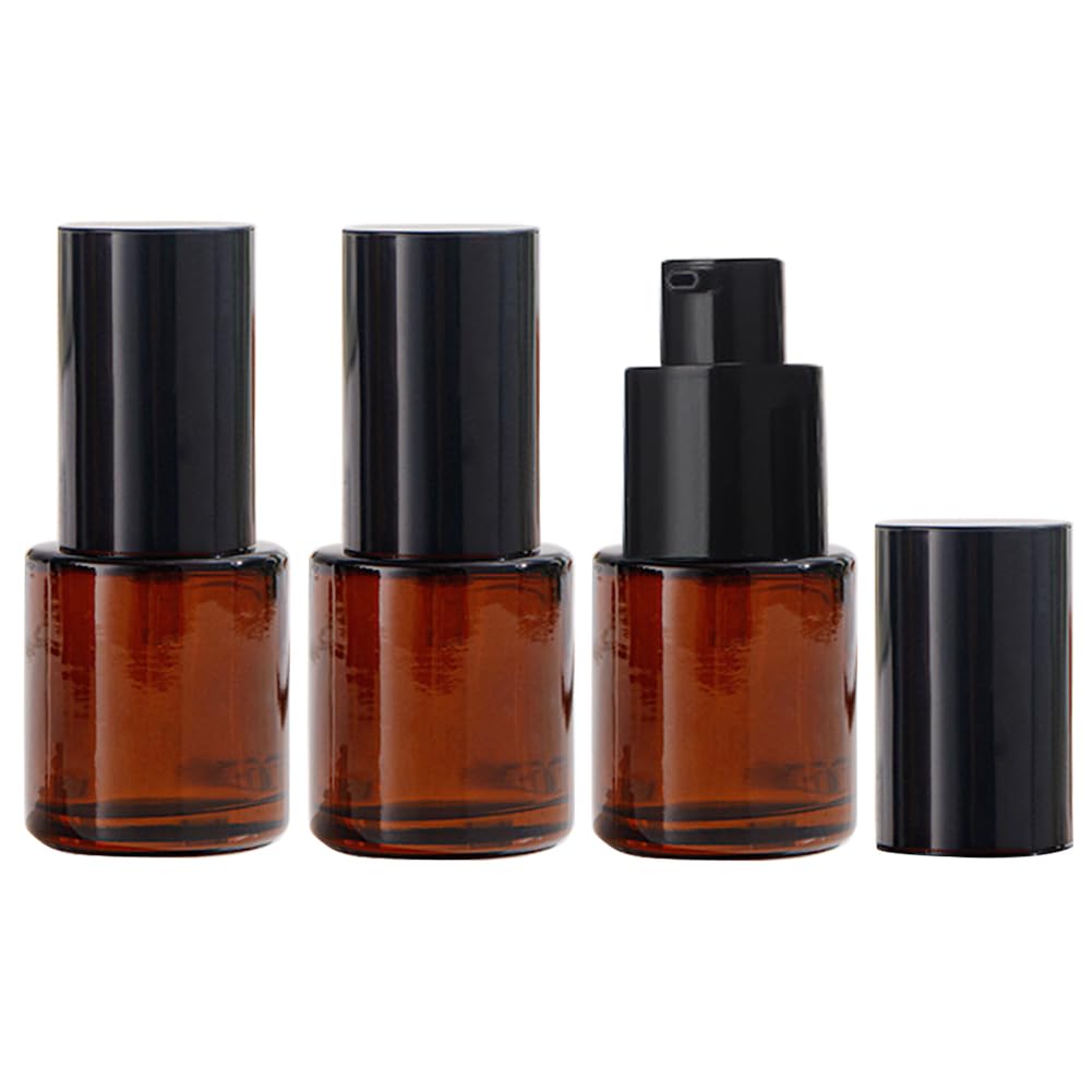 QUUPY 3Pcs 30ml Amber Glass Pump Bottles, Refillable Cosmetic Containers