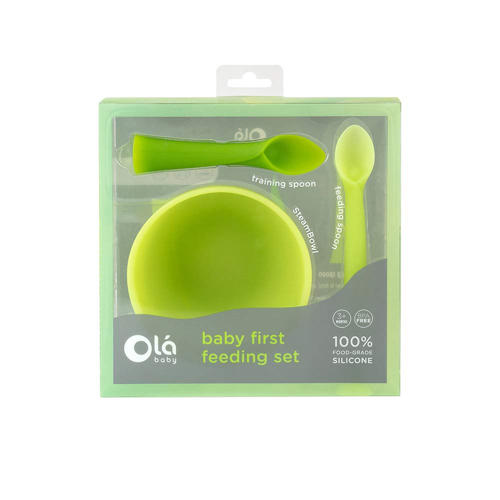 Olababy 3 Piece Parent Led and Baby Led Weaning First Feeding Set  Includes Training Spoon  Feeding Spoon and Steambowl