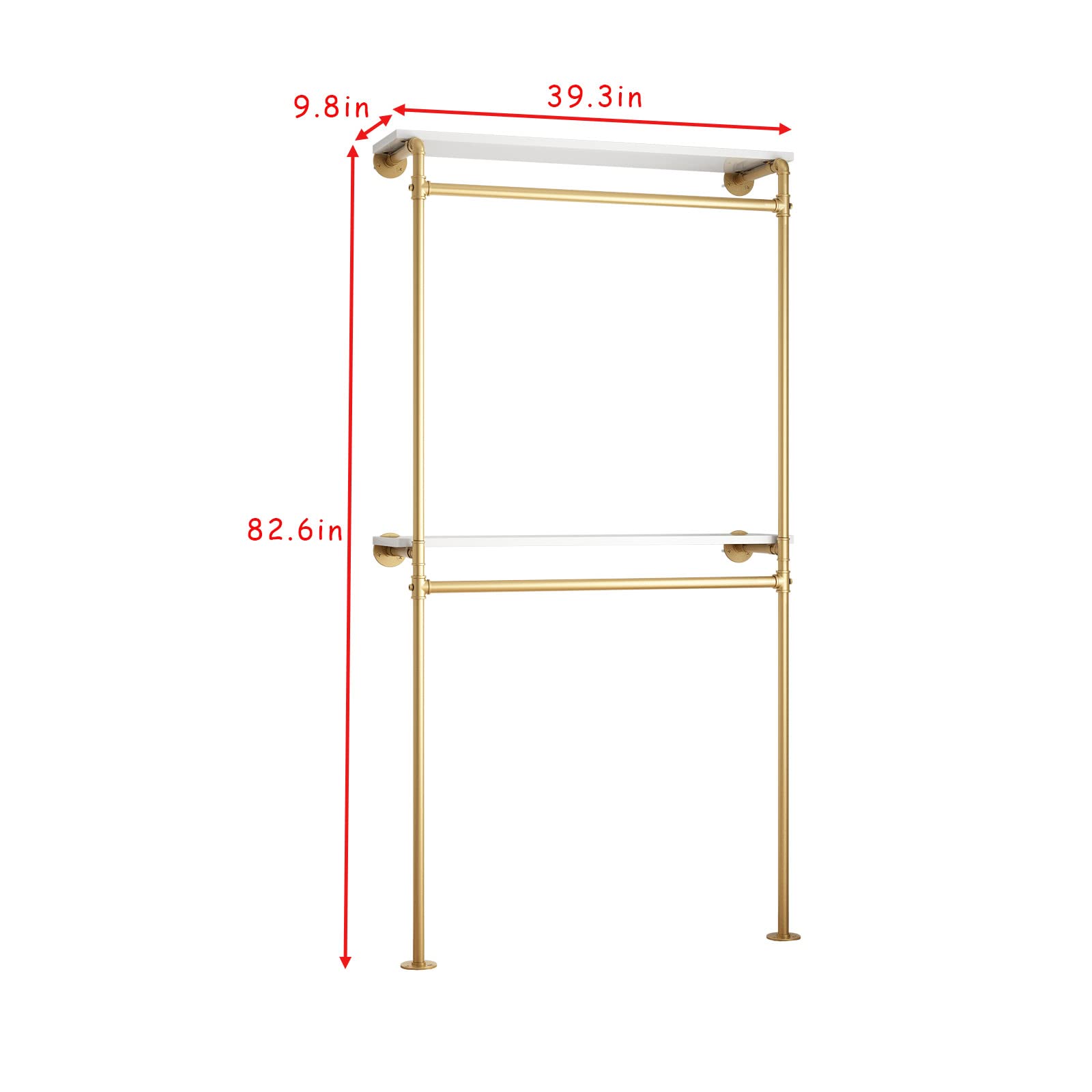 Dr.Iron Gold Pipe Clothing Racks With 2 Tier Shelves, Wall Mounted Gold Clothes Rack With Double Hanging Rods Heavy Duty Garment