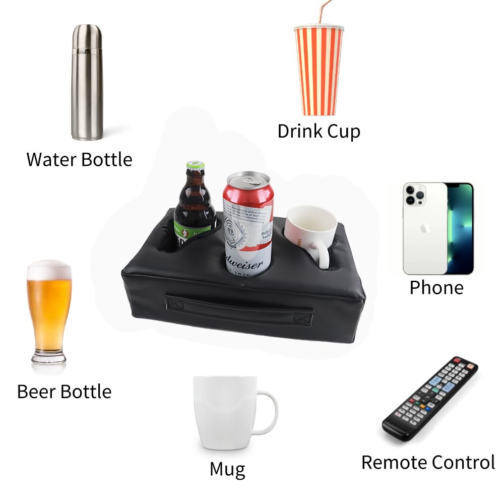 Sofa Cup Holder, Couch Cup Holder Pillow, Sofa Arm Table, Sofa And Bed Drink Caddy, Remotes Holder For Rv, Car, Beach(Black Pu L