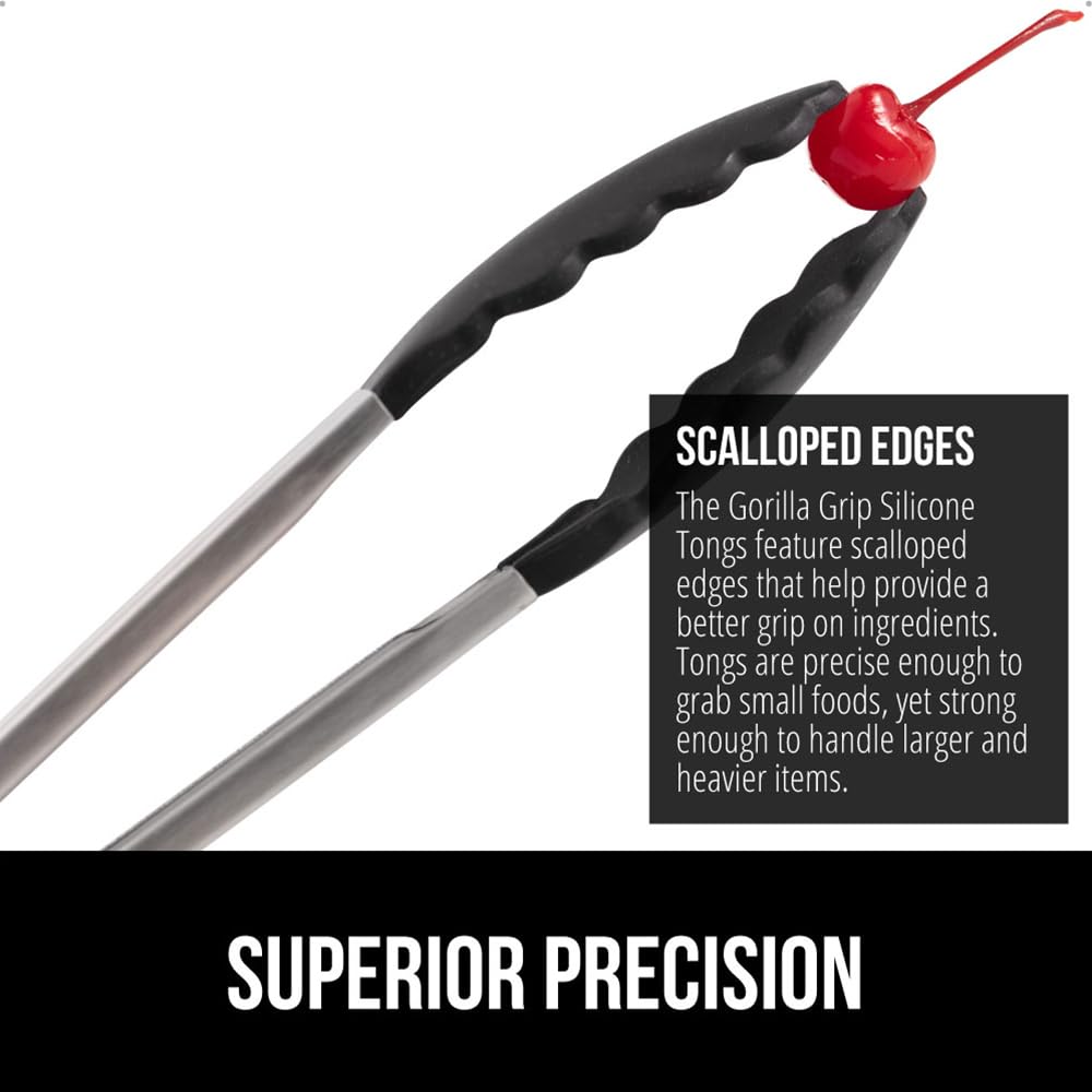 Gorilla Grip Stainless Steel Heat Resistant Bbq Kitchen Tongs Set Of 2, Non Scratch Silicone Tip For Nonstick Cooking Pans, Stro