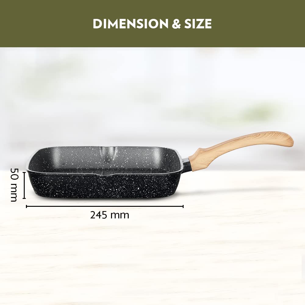 Borosil Vajra Die-Cast Non-Stick Aluminium Square Grill Fry Pan, Frying Pan With Ridges, Black With Wood-Finish Handles, 240 Mm