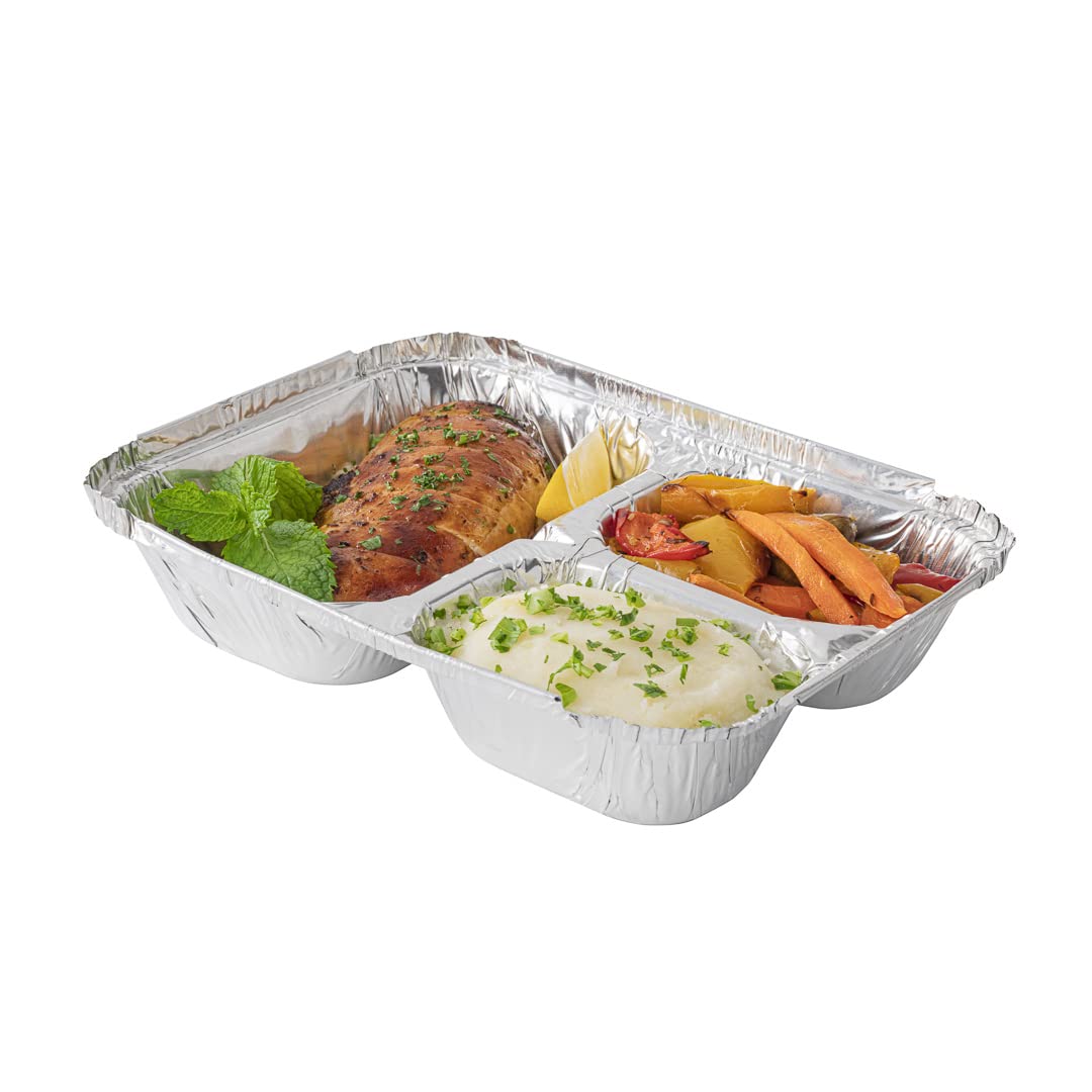 Restaurantware Foil Lux 23 Ounce Aluminum Food Containers 100 Rectangle Aluminum Pans - Lids Sold Separately 3 Compartments Silv