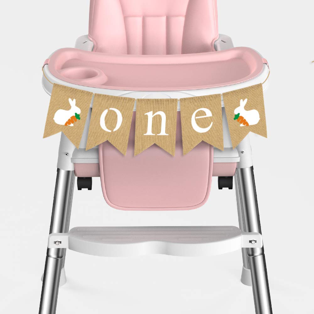 Jute Burlap One High Chair Banner With Bunny Easter Spring Boy Girl 1St Birthday Party Highchair Decoration Supply