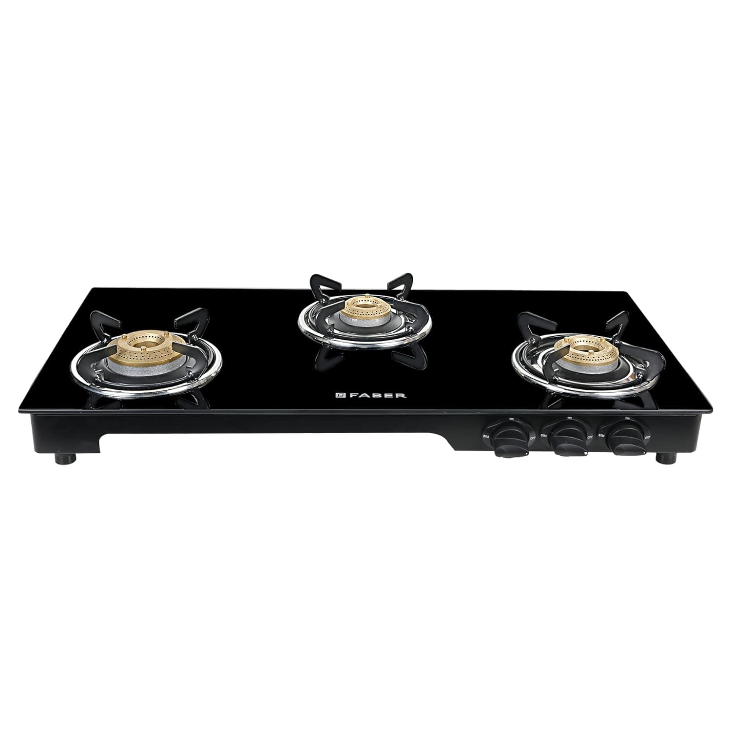Faber Magic Glass Top 3 Burner Gas Stove | Brass Burners | 1 Jumbo, 1 Medium & 1 Small Burner | Powder Coated Round Pan Support 