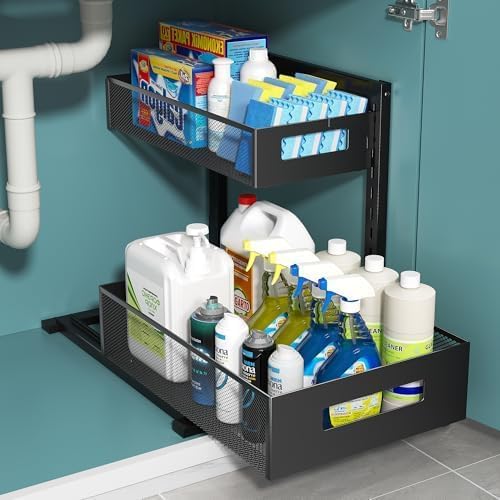 Under Sink Organizer, 2-Tier Metal Under Sink Organizers and Storage, Slide Out Pull Out Cabinet Organizer for Kitchen, Bathroom