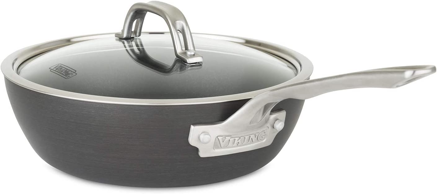 Viking Culinary Hard Anodized Nonstick 3-Ply Saucier Pan, 3 Quart, Includes Glass Lid, Dishwasher, Oven Safe, Works On All Cookt
