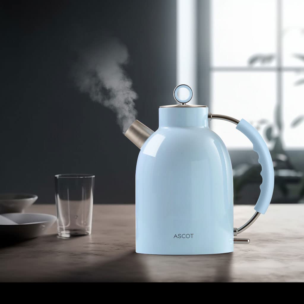ASCOT Electric Kettle, 1.5L Stainless Steel, Fast Boiling, BPA-Free, Light Blue, Model K1, Cordless, Automatic Shutoff, Boil-Dry Protection