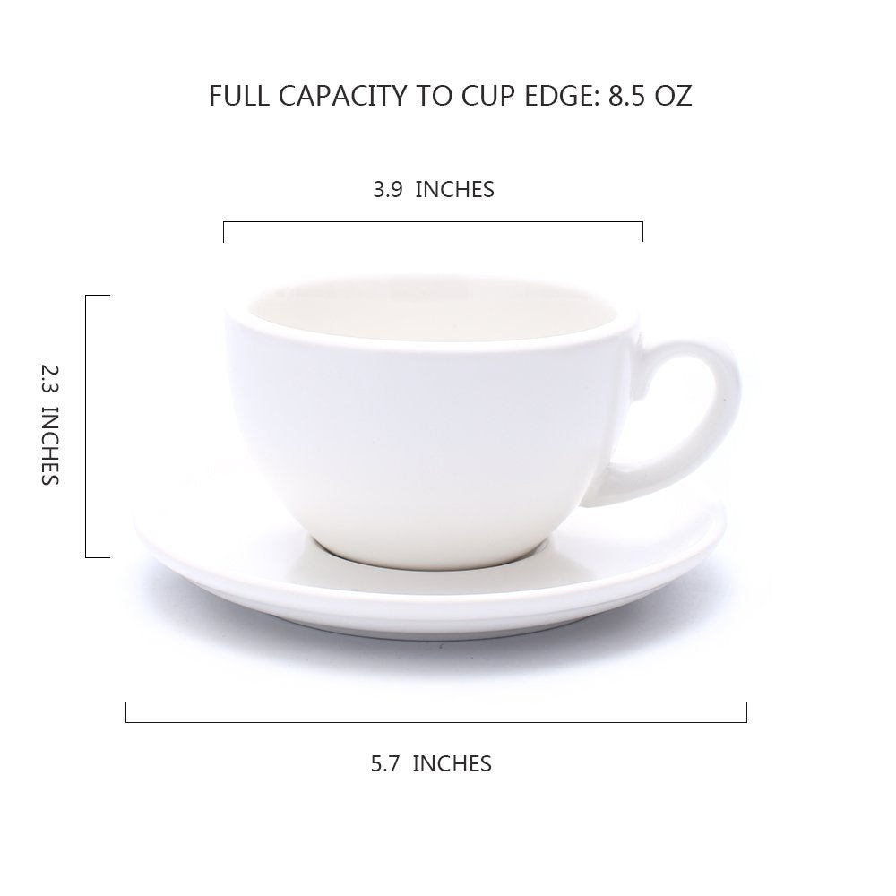 Coffeezone Great Cup Shape For Latte Art Cappuccino Barista Cup Saucer New Bone China For Coffee Shop (Matte White, 10.5 Oz)