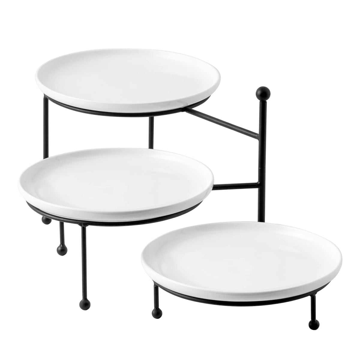 Kanwone 3 Tiered Serving Stand With White Porcelain Plates, Swivel Food Display Stand, 10'' X 10'' Tier Serving Trays With Black